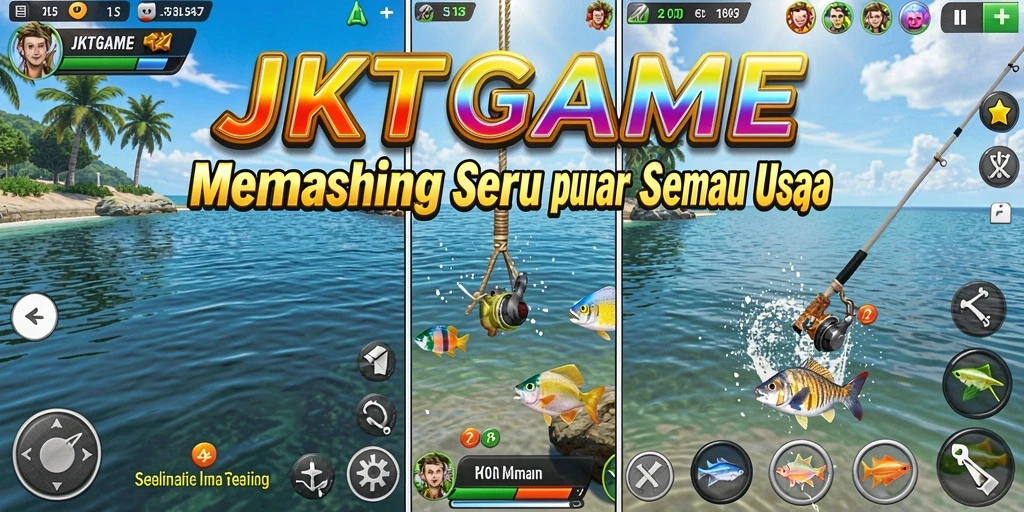 Screenshot gameplay JKTGAME menampilkan aktivitas memancing yang dinamis dan seru.