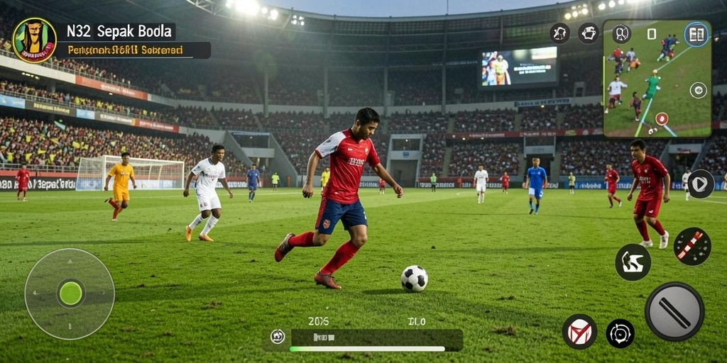 Screenshot N32 menampilkan gameplay sepak bola yang mendebarkan.