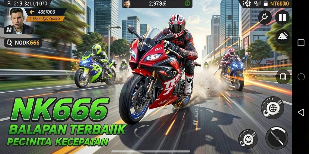 Tampilan gameplay mendebarkan dari NK666 dengan motor balap yang cepat.