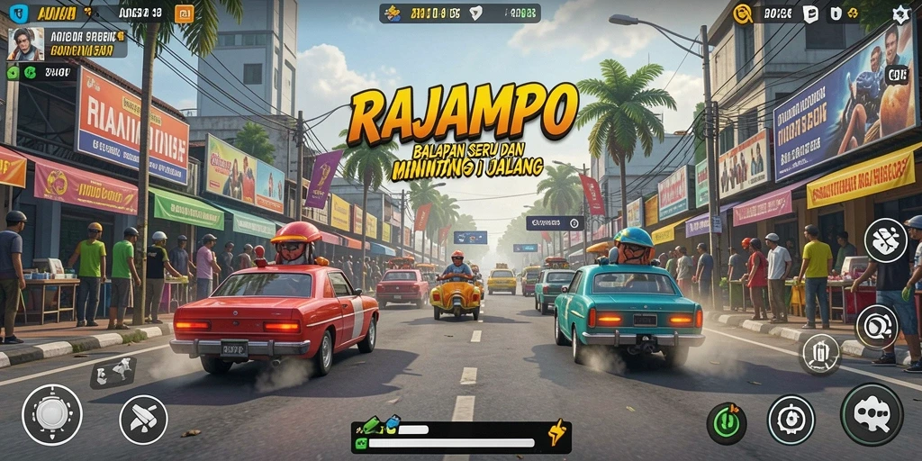 Tampilan gameplay seru dan mendebarkan dalam RAJAMPO, balapan yang penuh aksi.
