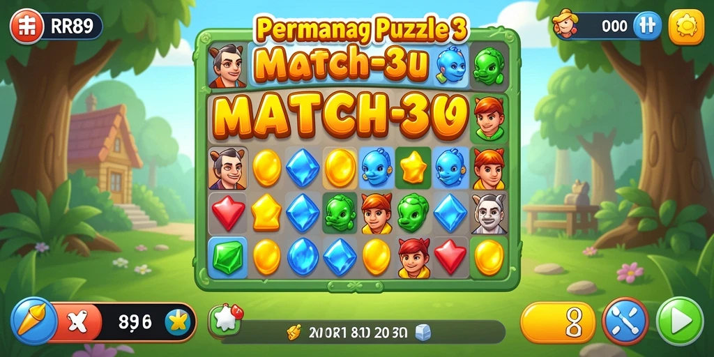 Tampilan gameplay RR89 dengan permata berwarna-warni dan tantangan seru.