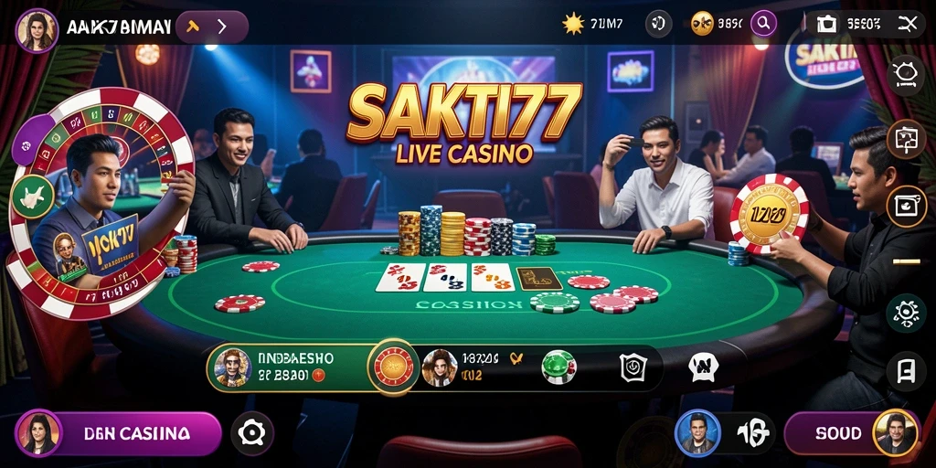 Screenshot utama SAKTI77 menunjukkan dealer profesional dan suasana kasino yang hidup.