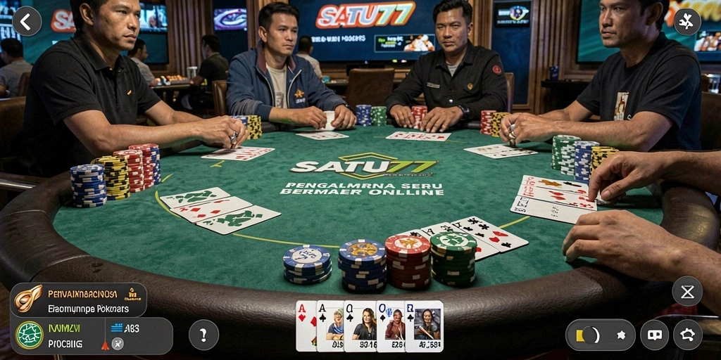 Tampilan gameplay menarik di aplikasi SATU77 dengan suasana poker yang mendebarkan.