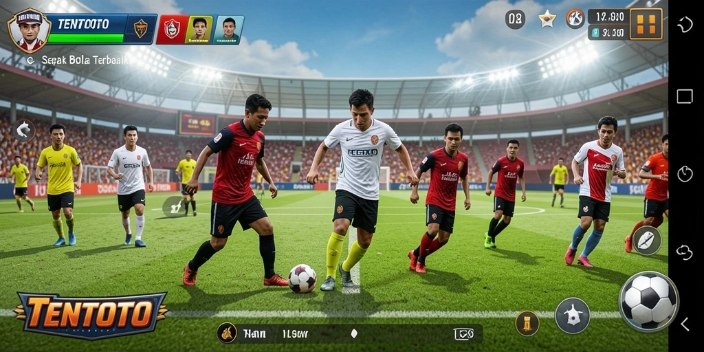 Tampilan gameplay TENTOTO menampilkan aksi mendebarkan dalam pertandingan sepak bola.